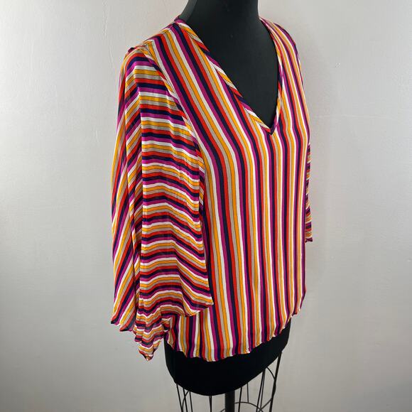 TRINA TURK Los Angeles Blouse Multi Stripe Printed Rayon Rib V-Neck Size S Small - Picture 4 of 9